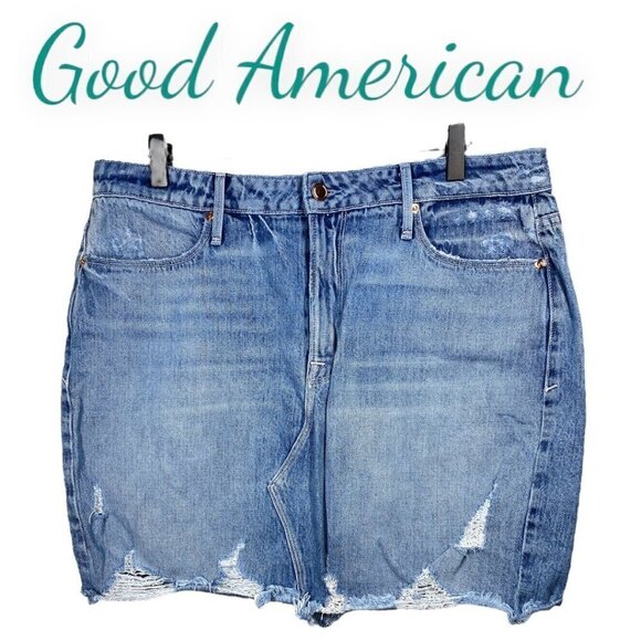 GOOD AMERICAN Distressed Denim Mini Skirt, Size 14 - Picture 11 of 12